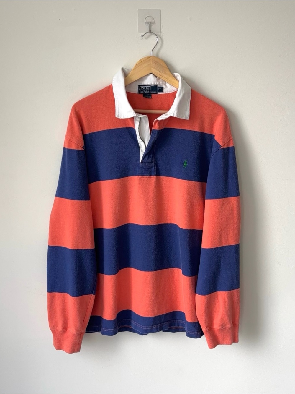 Vintage Polo Ralph Lauren Striped Rugby Shirt Sz XXL Zip Up Blue Coral Orange